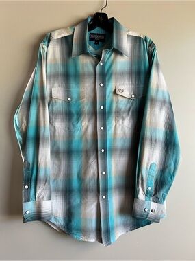 Panhandle Men Size Medium Blue White Plaid Long Sleeve Button Dress Shirt Casual